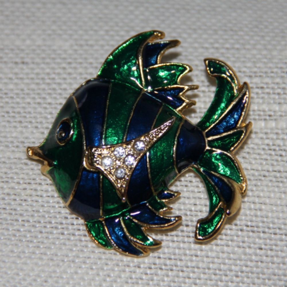 Enamel Tropical Fish Brooch Pin With Rhinestones